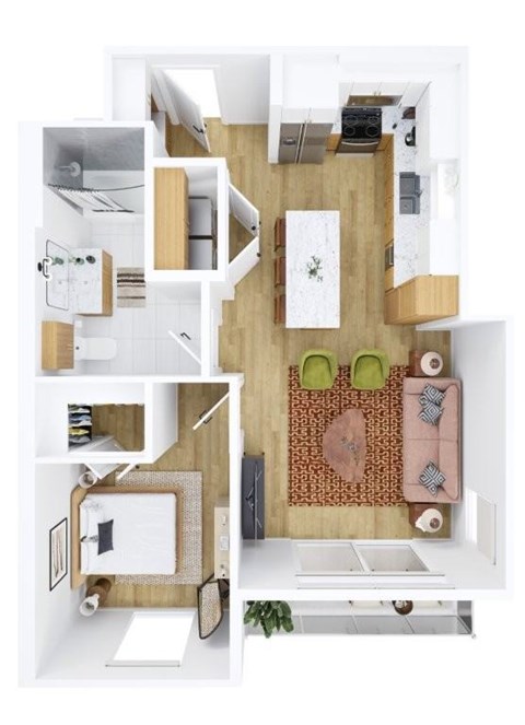 A top down view of a small apartment with a kitchen, living room, and bathroom.